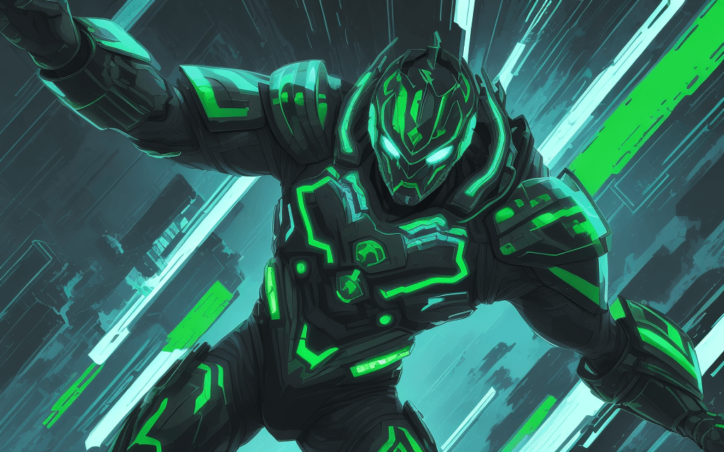 AI generated: brutal man warrior falling into a hole, looking sky,  futuristic, metallic green armor, vector aesth...