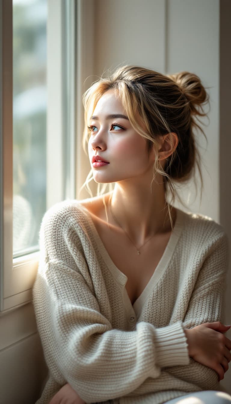 AI generated: Asian woman sitting by a window in a side profile pose, gazing outside with a pensive expression. Sh...
