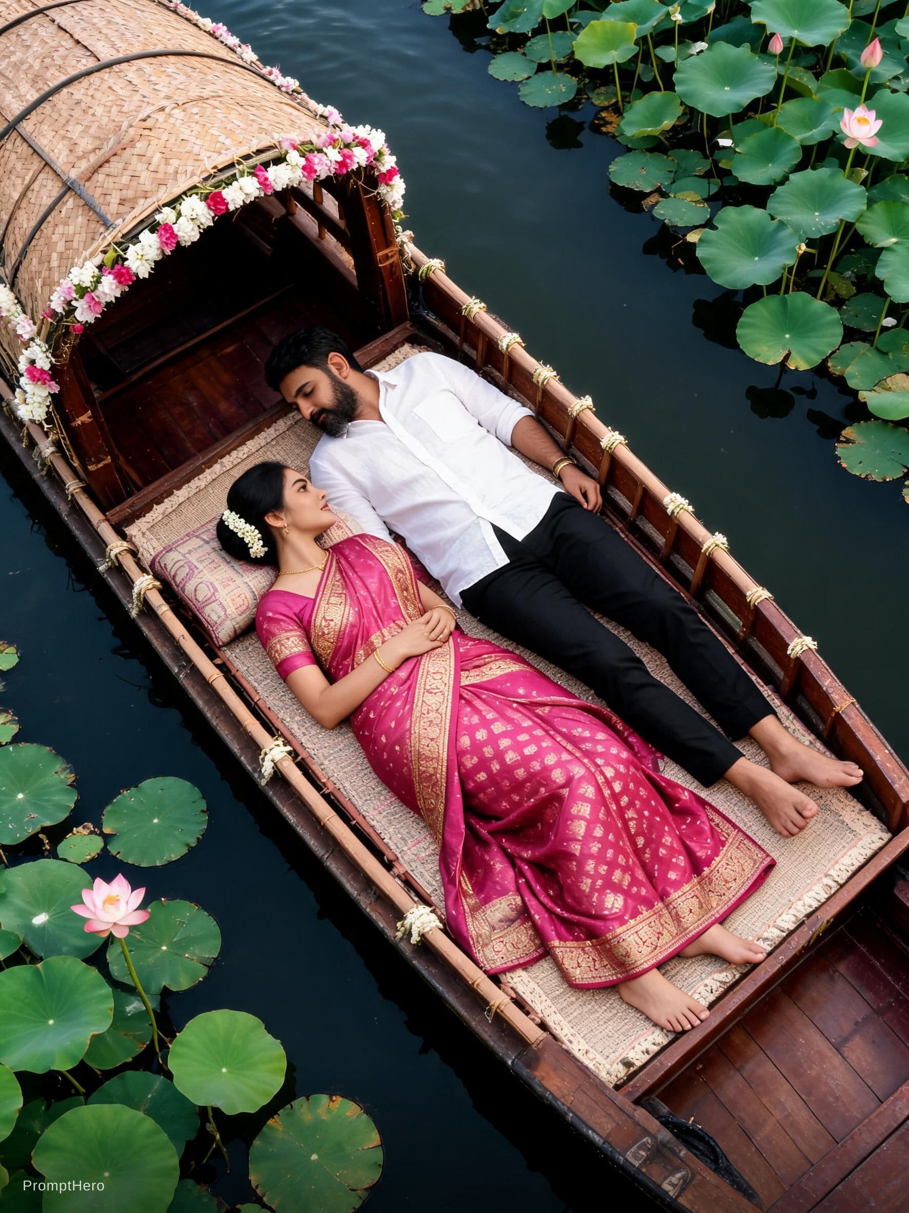 AI generated: Top-down aerial drone shot of a romantic Indian couple lying down inside a traditional wooden Kerala...