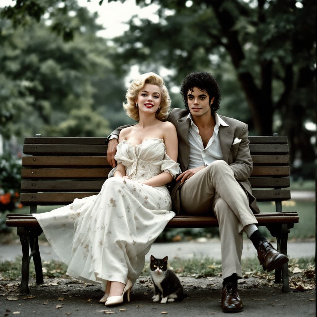 AI generated: Marilyn Monroe and Michael Jackson during the Cuban missile crisis are sitting on a parkbench in hid...
