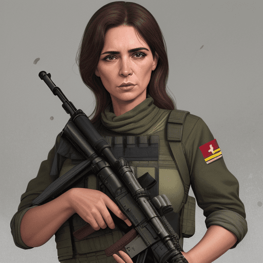 AI generated: Mujer de 34 años , calvo sin pelo, fusil groza fondo caótico estilo guerra mundial,mascota gata,cart...