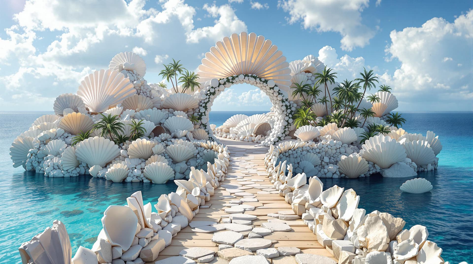 AI generated:  a fictional bridge,made of giant seashells and pearl complex architecteture leading to a remote par...