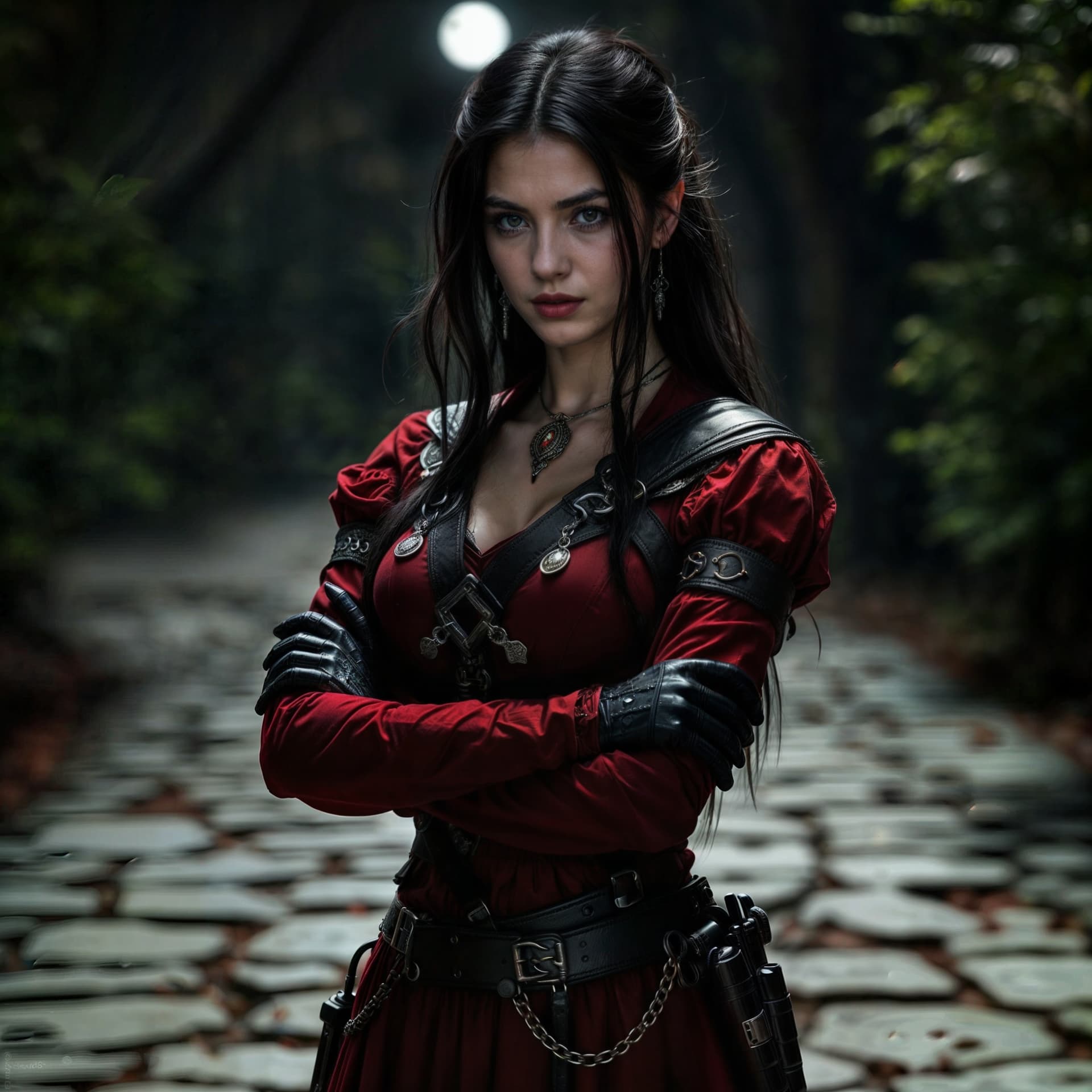AI generated: Serana Volkihar of Skyrim, black hair, brown eyes, lipstick, red dress, long sleeves, harness, holst...