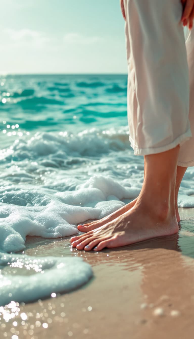 AI generated: photography, woman stands on a sandy beach, looking down at their bare feet partially submerged by t...