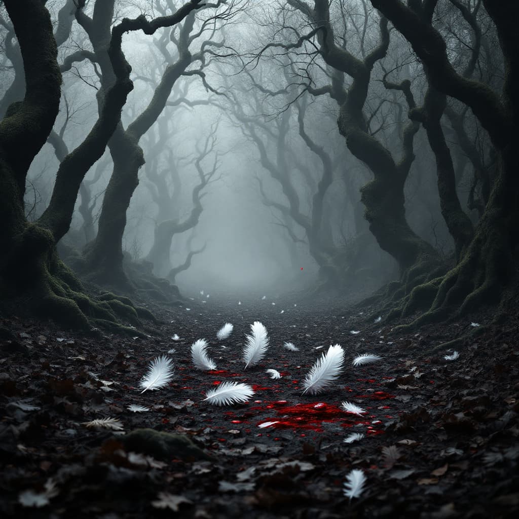 AI generated: Scene: A grayscale forest clearing in ancient Britain, surrounded by twisted, moss-covered trees and...