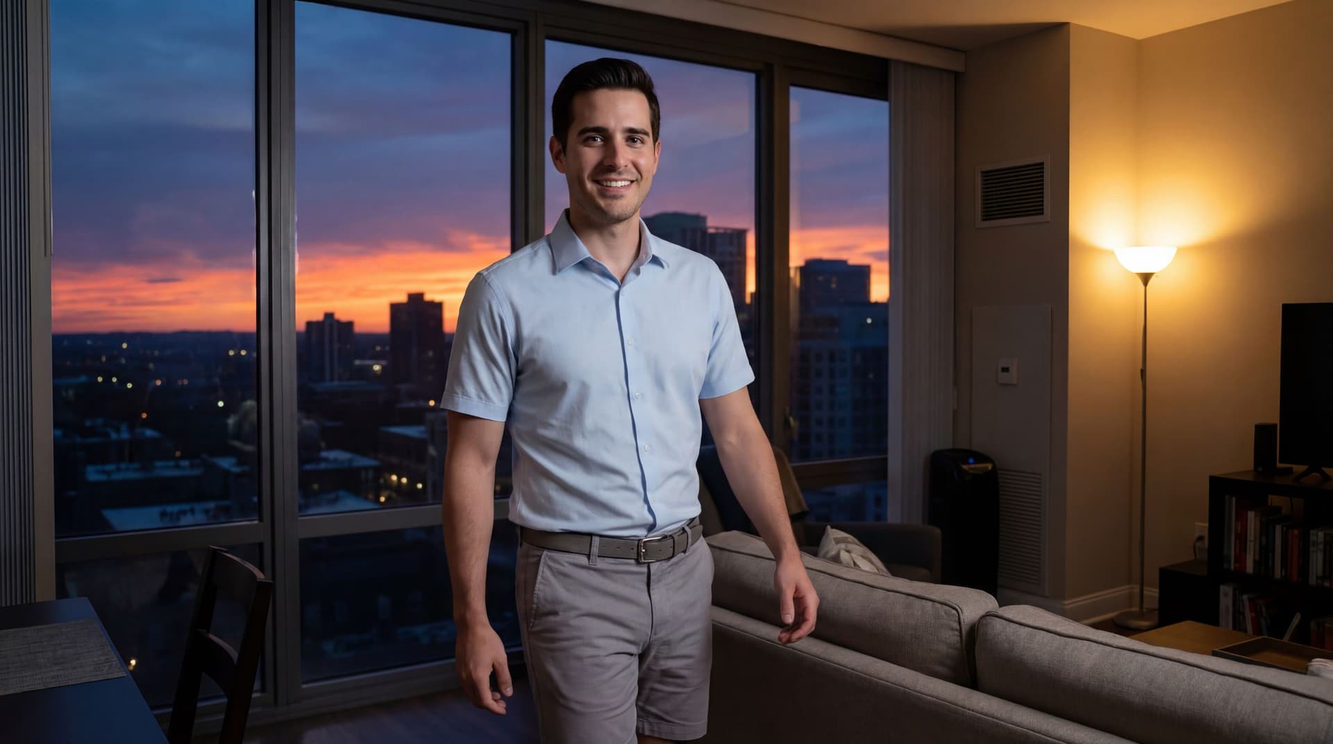 AI generated: Inside an apartment in the living room area with windows. The Hispanic male is smiling and walking t...