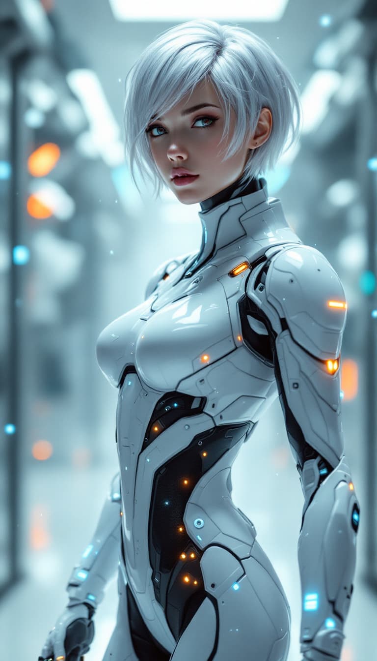 AI generated: Dynamic angle, full body view, realistic, female android warrior, short, silver hair, sleek cybernet...