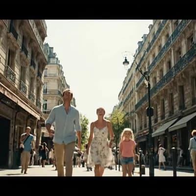 AI generated video: A cinematic scene of a family strolling through the streets of Paris on a sunny afternoon. They are ...