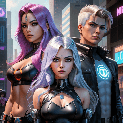 AI generated: Teen Titans in the style of cyberpunk, david michael bowers, ps1 graphics, serene faces, chrome-plat...