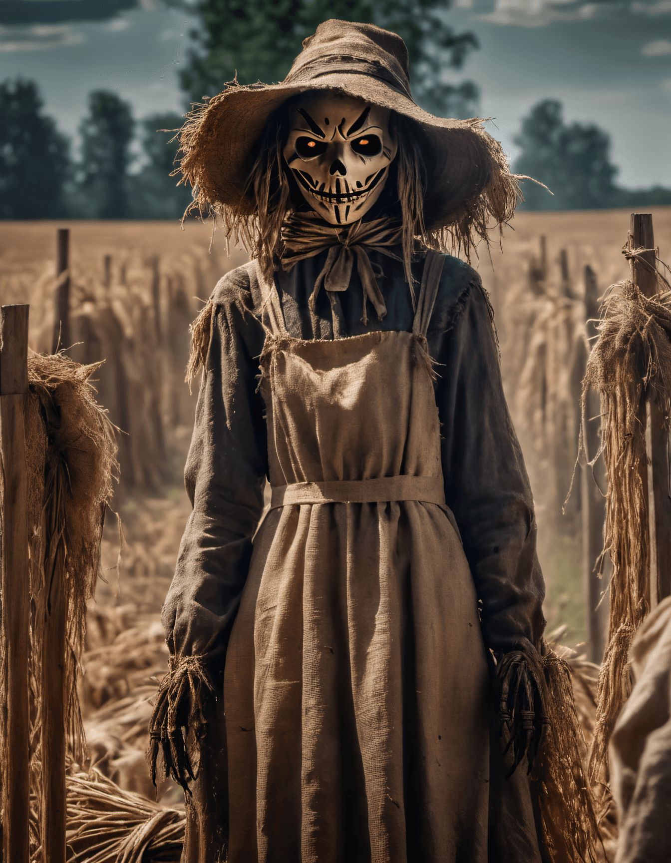 AI generated: Ominous scarecrow Masterpiece, Best Quality, a teenage girl , 8k, UHD, HDR . Burlap sack stained dar...