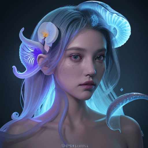 AI generated: Goddess close-up portrait ribcagel. jellyfish phoenix head, nautilus, orchid, skull, betta fish, bio...
