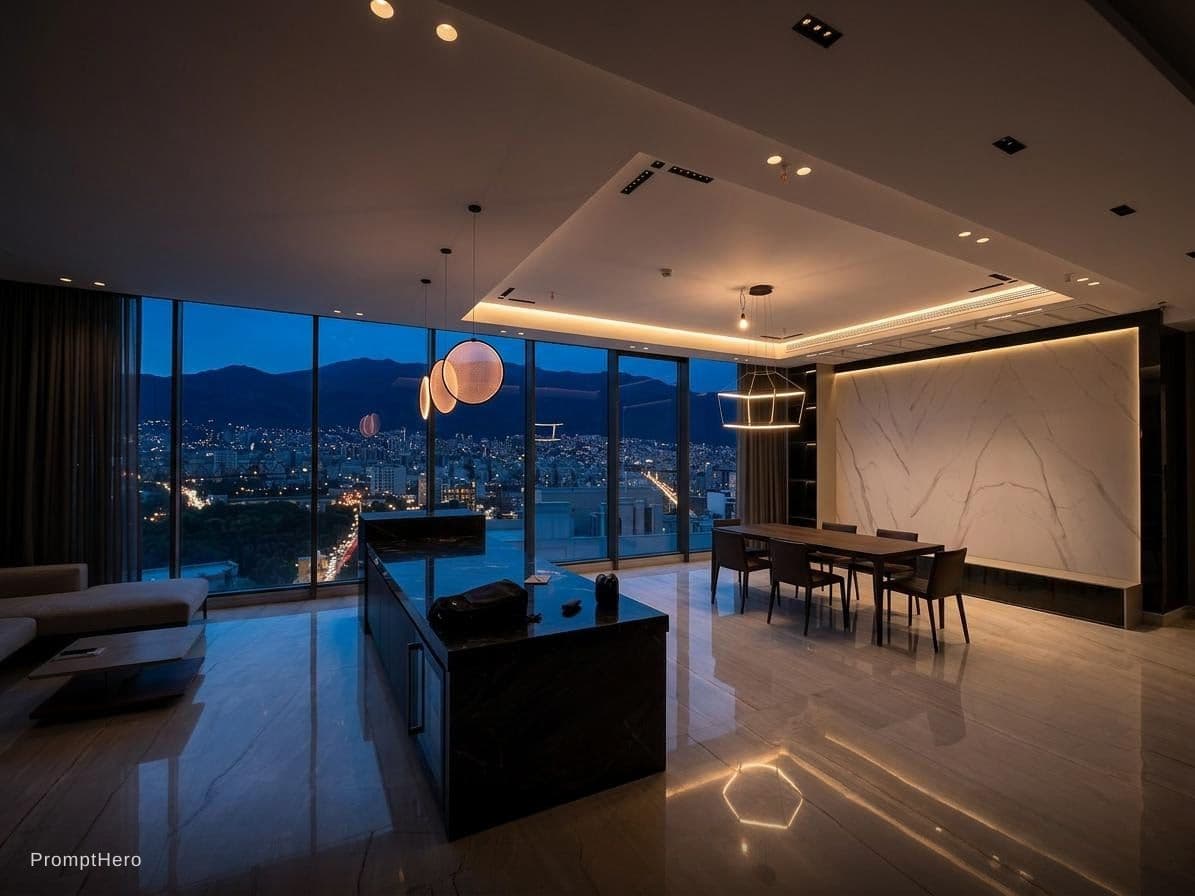 AI generated: Luxurious penthouse, panoramic city view, floortoceiling windows, modernist furniture, open floor pl...