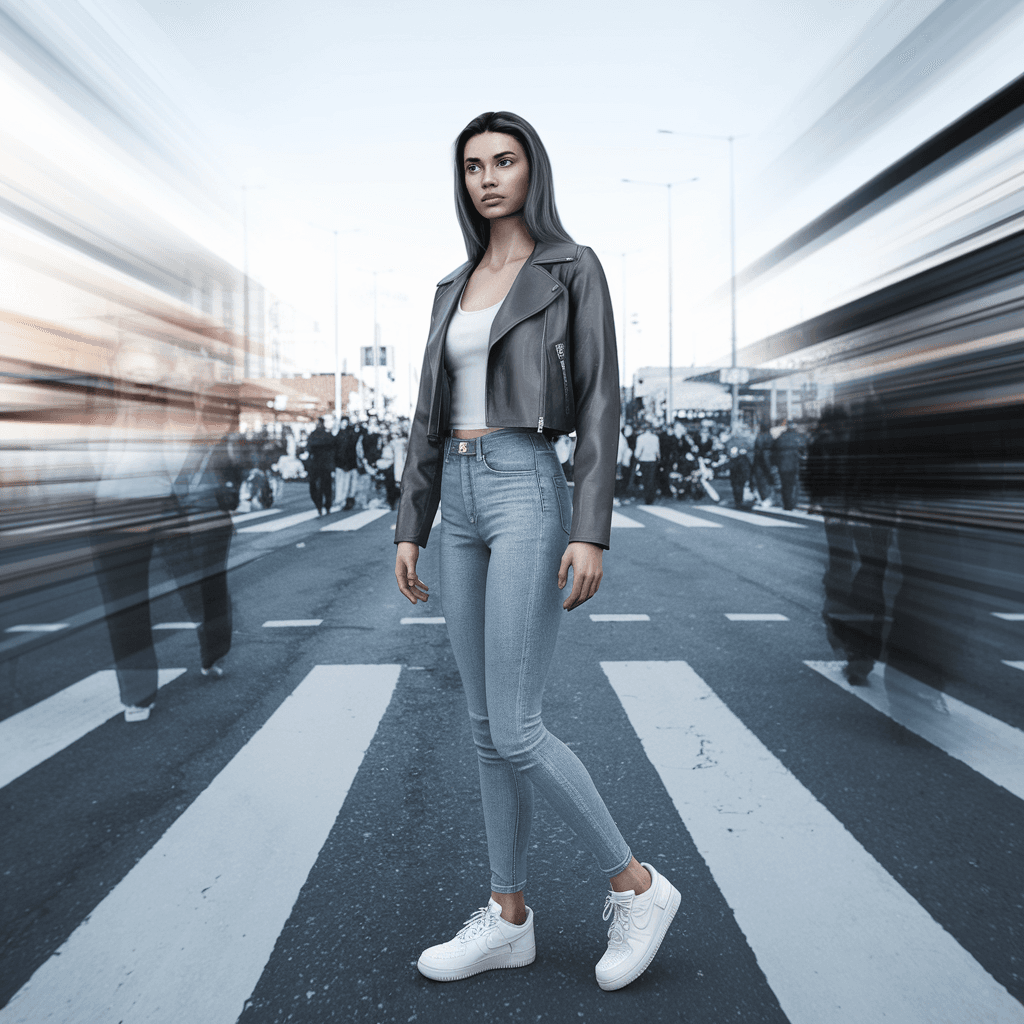 AI generated: photography, 20 woman, pro model, natural pose moment, wearing small text logo with a cropped leathe...