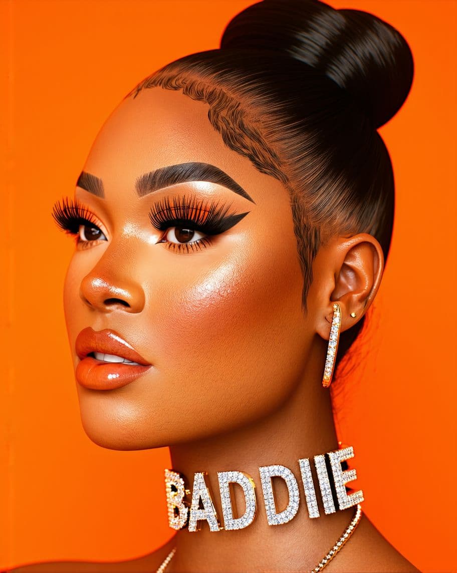 AI generated: A 3D render of a woman's head and neck that says "BADDIE." The image is a 3D render of a stylized wo...