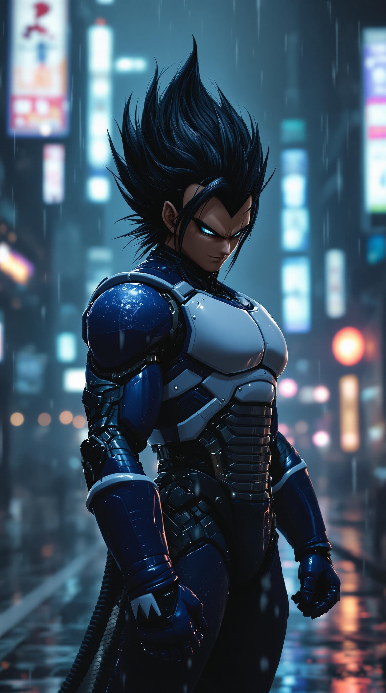 AI generated: Cyborg version of anime Vegeta with black hair posing in a dystopian city in the rain, with hitech  ...