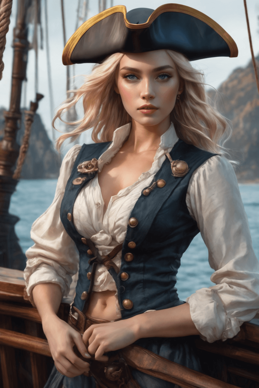 AI generated:  a stunning realistic photograph portrait of a beautiful blonde 20 year old woman, (aboard a pirate ...
