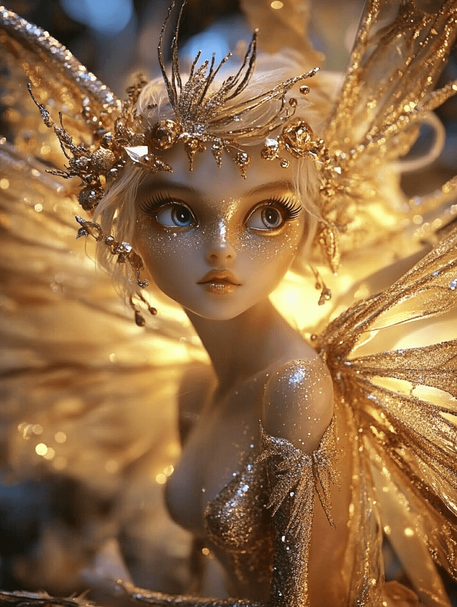 AI generated: A magical golden fairy with glowing wings and sparkling skin, adorned with intricate details of gold...