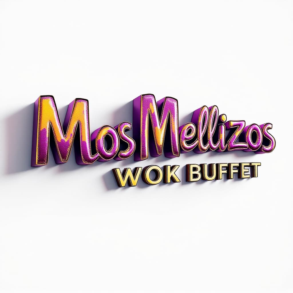 AI generated: Raised letters of "Los Mellizos Wok Buffet. " The letters are metallic purple and yellow are raised ...
