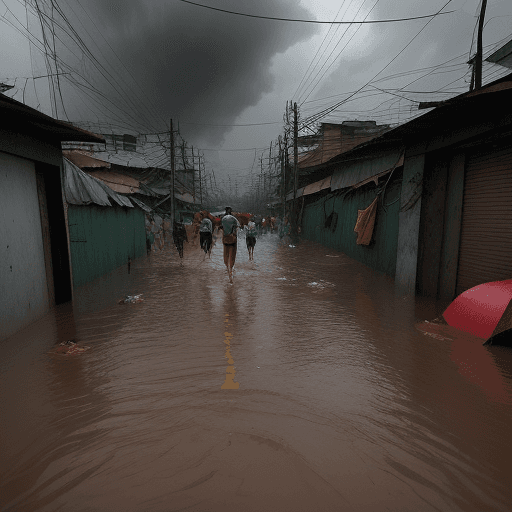AI generated: A heavy storm and flooding of a slum area with the words: DESIGNATED SURVIVOR NYO WALA NA SA AREA OF...