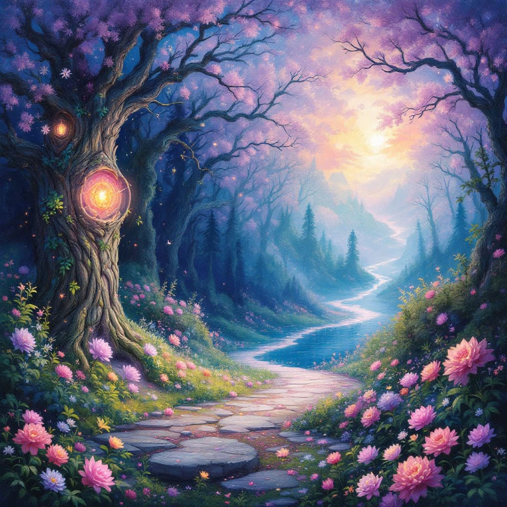 AI generated: Oil painting, enchanted forest,Enchanting descriptions of bubblegum clouds, Mystical woodland with c...