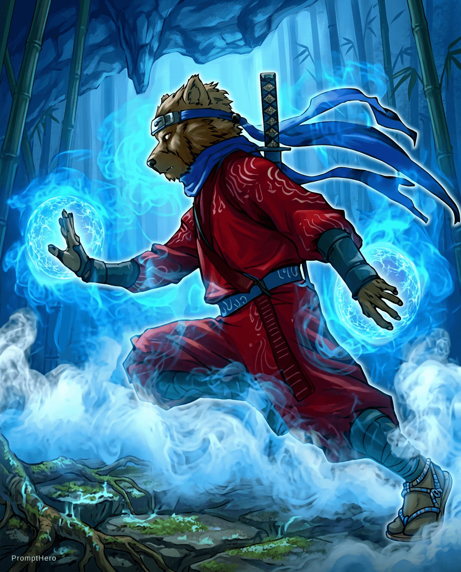 AI generated: 合理精细化和高清化并缩小图片1，根据现有的图片元素拓宽边界。构想让图中的雾中忍者怪兽的场景完整存在于图片里。，保持特效，记住不要再增减任何新的东西和肢体。保持画风笔触一致地模糊，游戏王怪异风格，构图比...