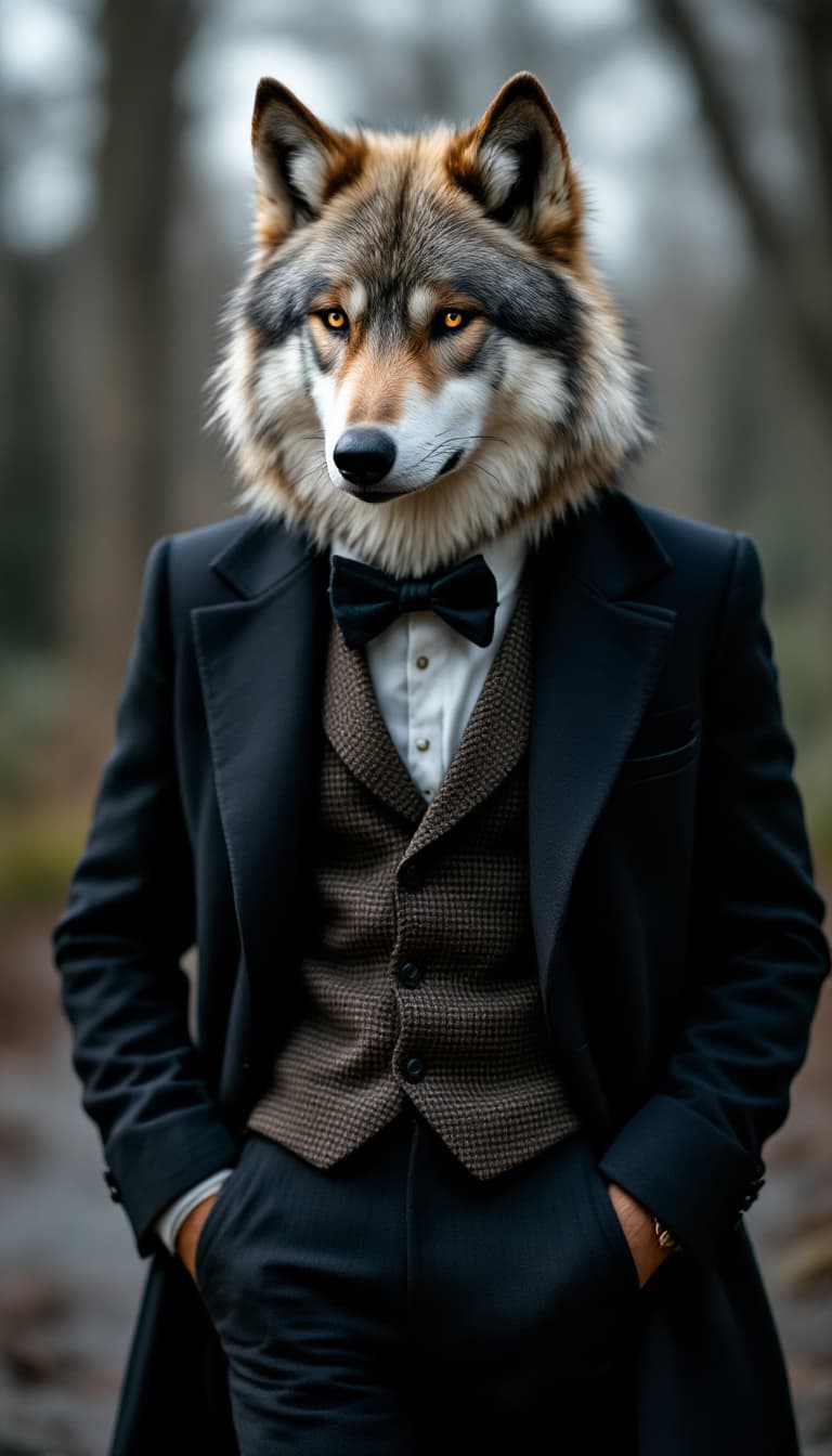 AI generated: High resolution stylish photography of a grey wolf wearing a classy suit doing photoshots facing the...
