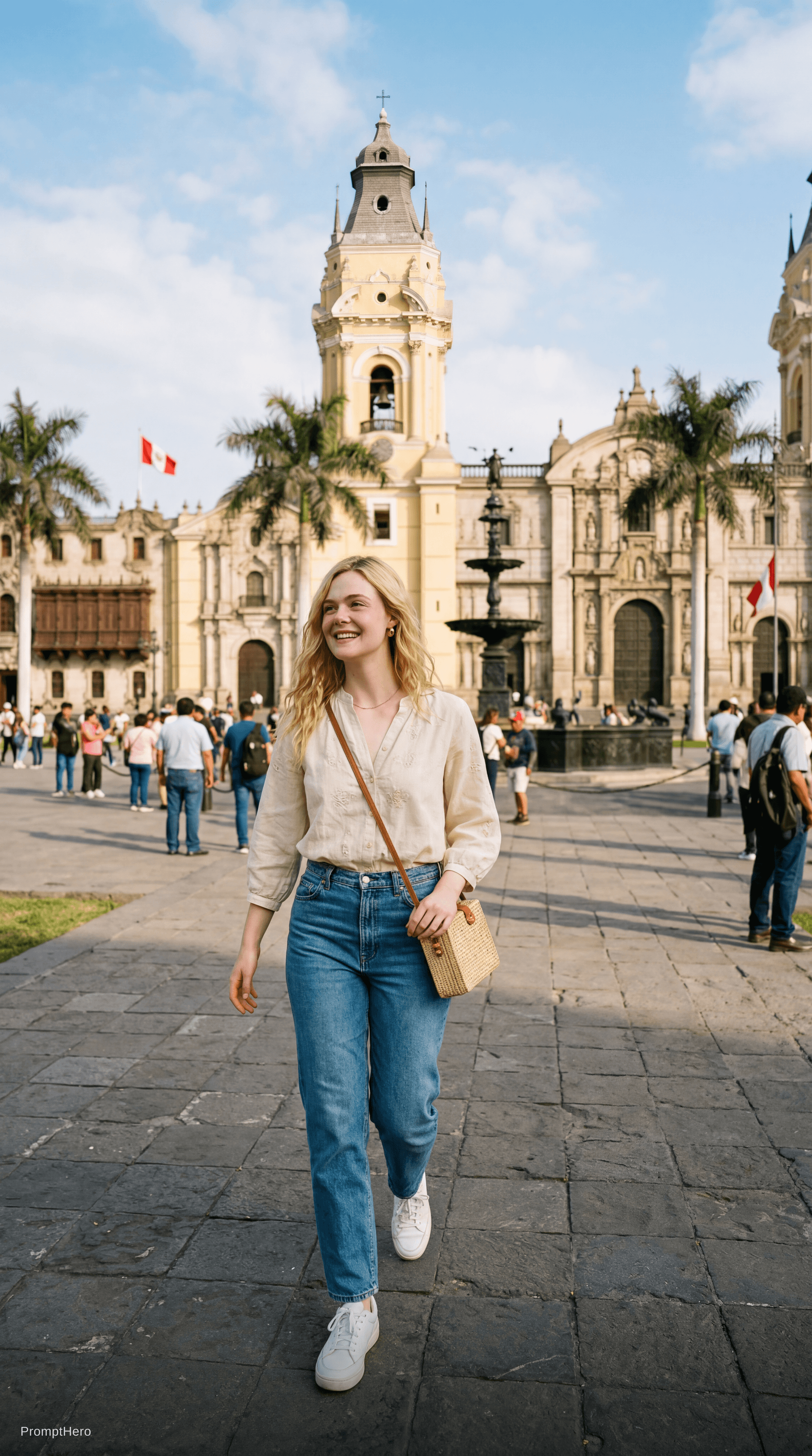 AI generated: (elle fanning) en lima peru, plaza de armas paseando