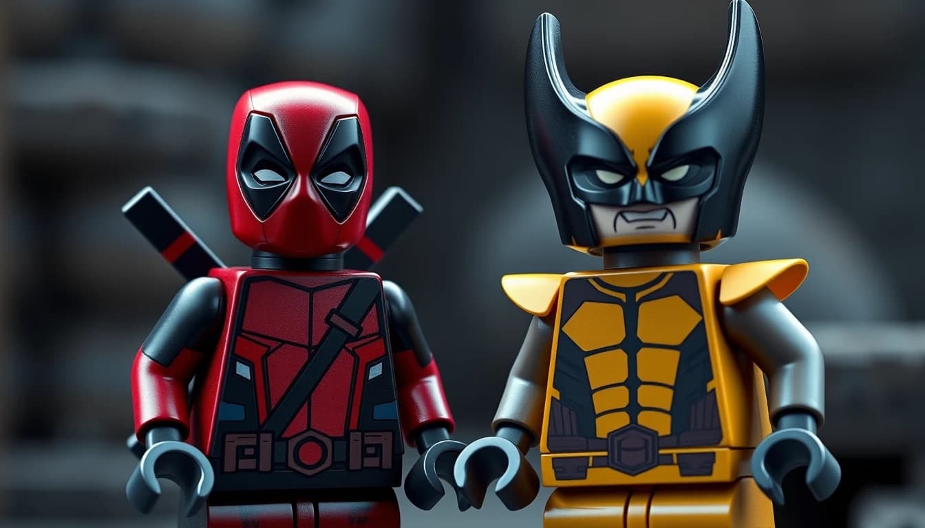 AI generated: Photorealistic image of Lego figurines of Deadpool and Wolverine, captured in high detail, with vibr...