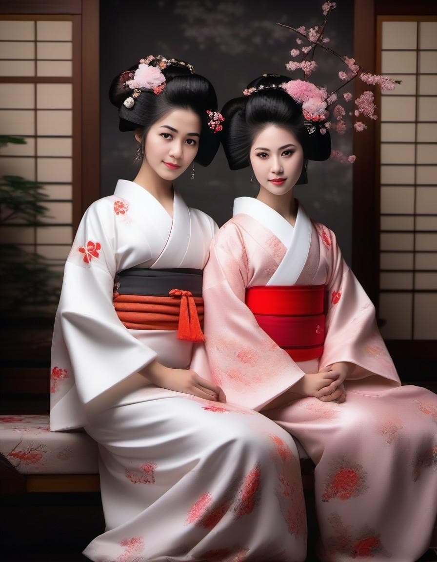 AI generated: The image shows two very little young Japanese girls,, dressed as little geishas, geisha make up,​​i...