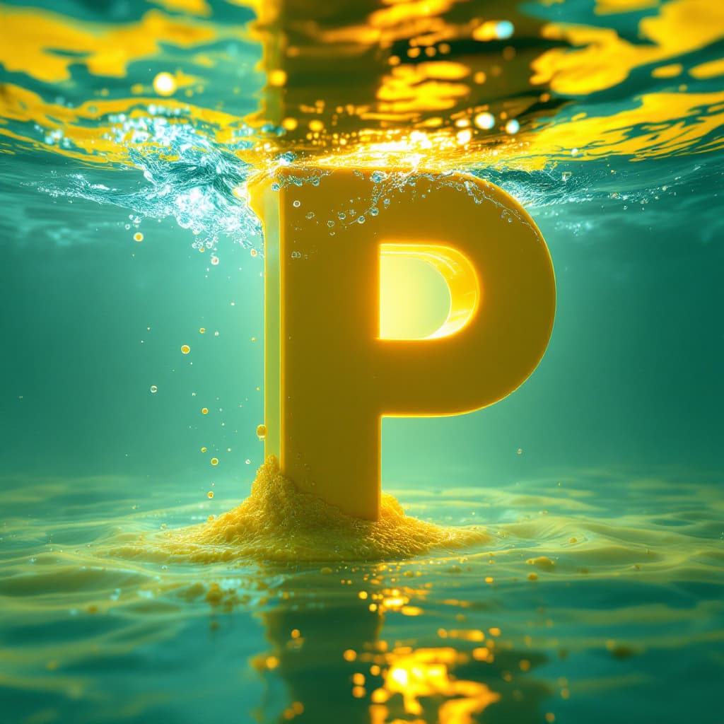 AI generated: 3D render of the letter [P], periwinkle and canary yellow color blend, under the water, swirling wat...
