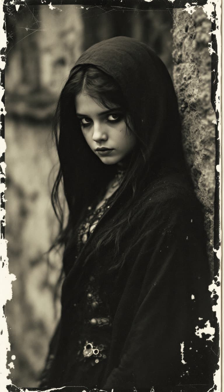 AI generated: girl, old polaroid photo, medieval, sad mood, b&w