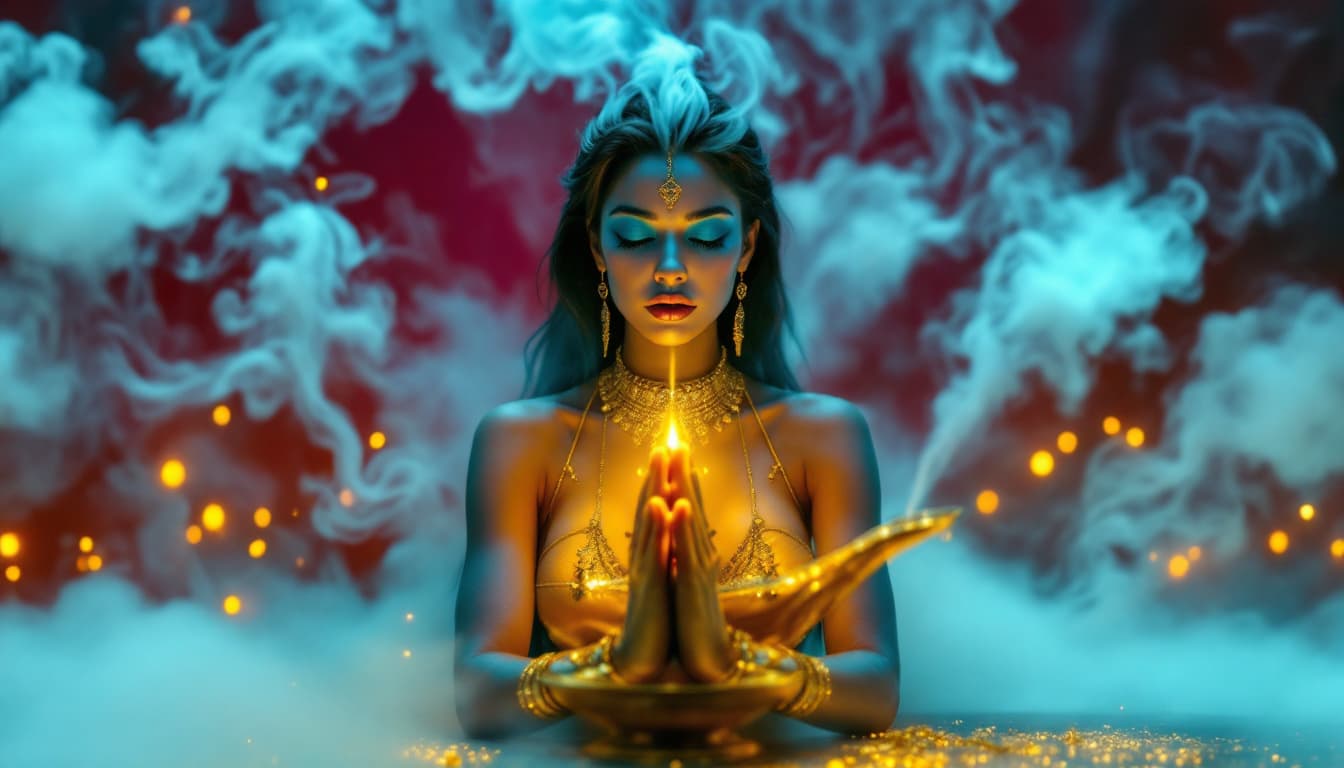 AI generated: An woman with blue skin as a "Jenie is one Genius", decorated with gold jewelry, appeared in a swirl...
