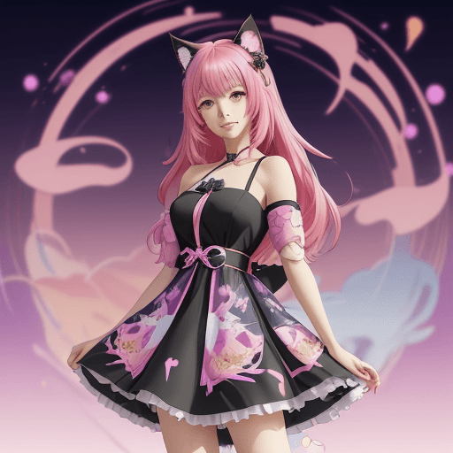 AI generated: a woman with a cat ears and a dress on is standing in front of a colorful background, anime style 4 ...