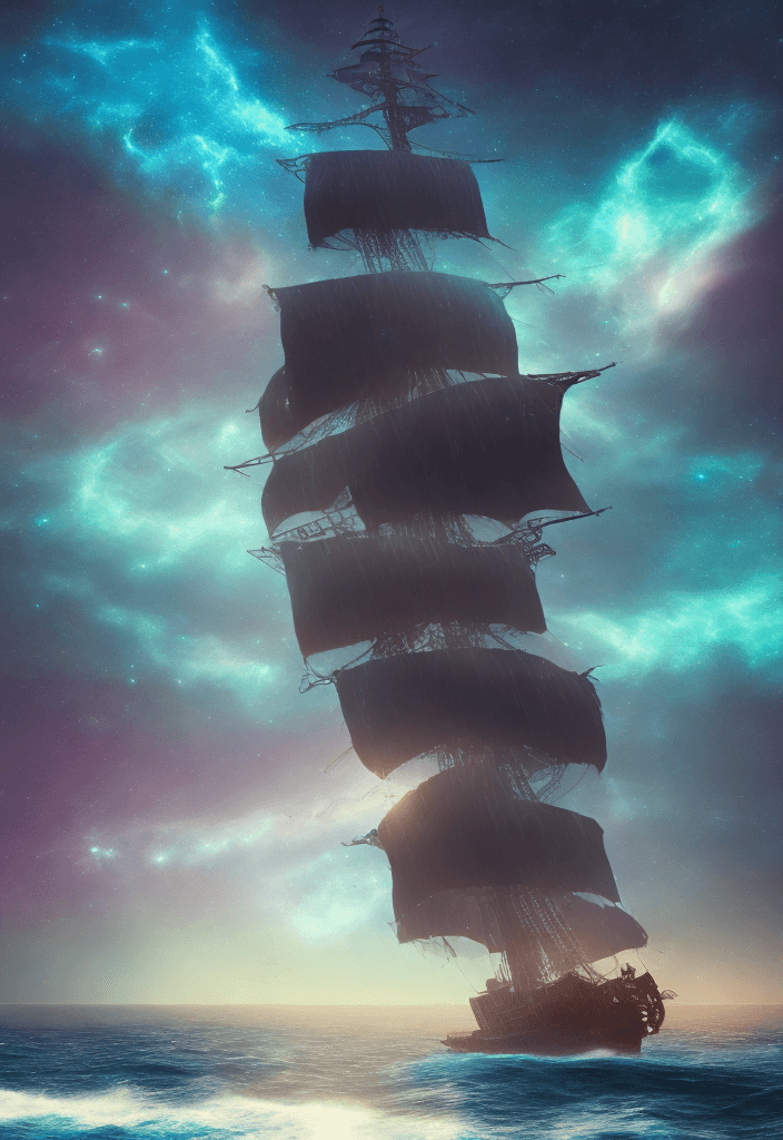 AI generated: (Pirate ship sailing into a bioluminescence sea with a galaxy in the sky), epic, 4k, ultra,
