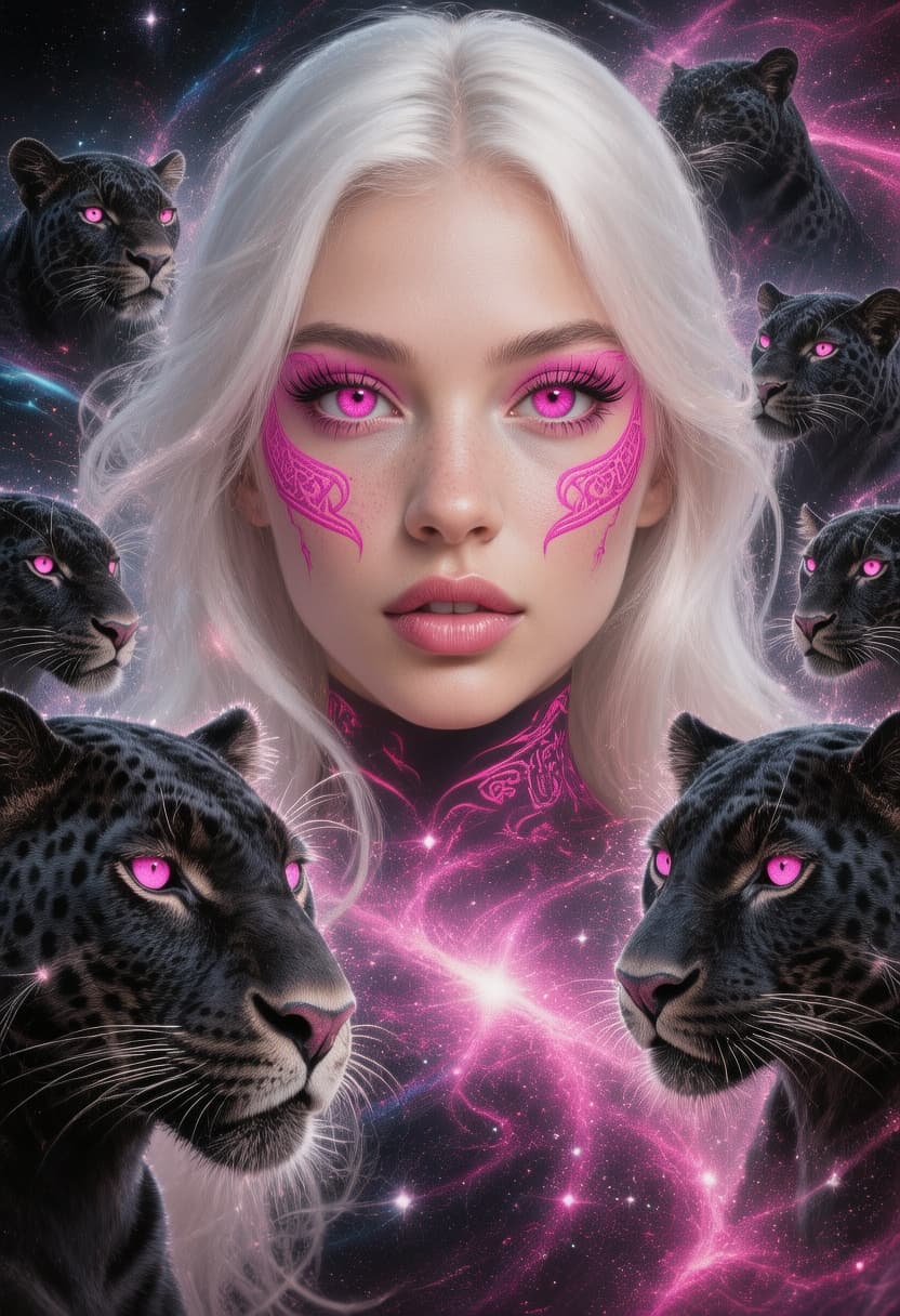 AI generated: a striking portrait of a woman, white long platinum hair, her eyes are vivid pink, full lips, long e...