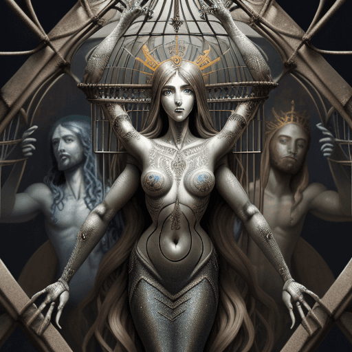 AI generated: A beautiful humanoid creature with elaborate detailed structures, imprisoned in a thin iron cage, wi...