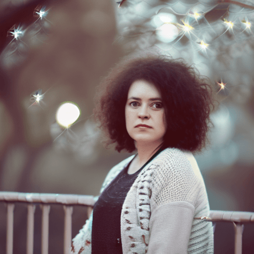 AI generated: A woman with dark wavy hair stands outdoors at dusk, facing the camera with a serious expression. Sh...