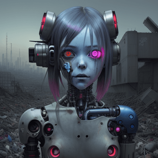 AI generated: Photo of a broken ruined cyborg girl in a landfill, robot, body is broken with scares and holes, hal...