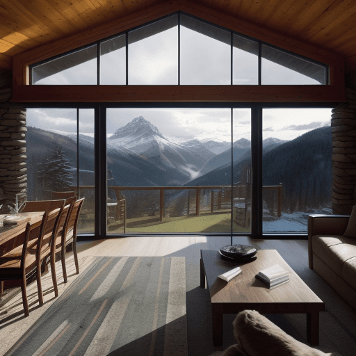 AI generated: Hyper-realistic birds-eye photo of a modern mountain cabin with floor to ceiling windows and stonewo...