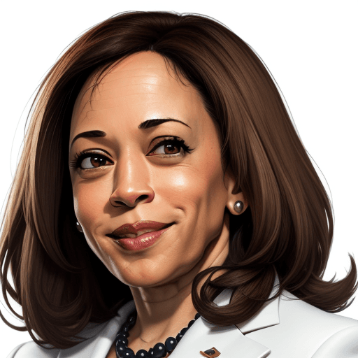 AI generated: cartoon kamala harris headshot, looking into camera, white background, smiling, 4K, wearing a cream ...