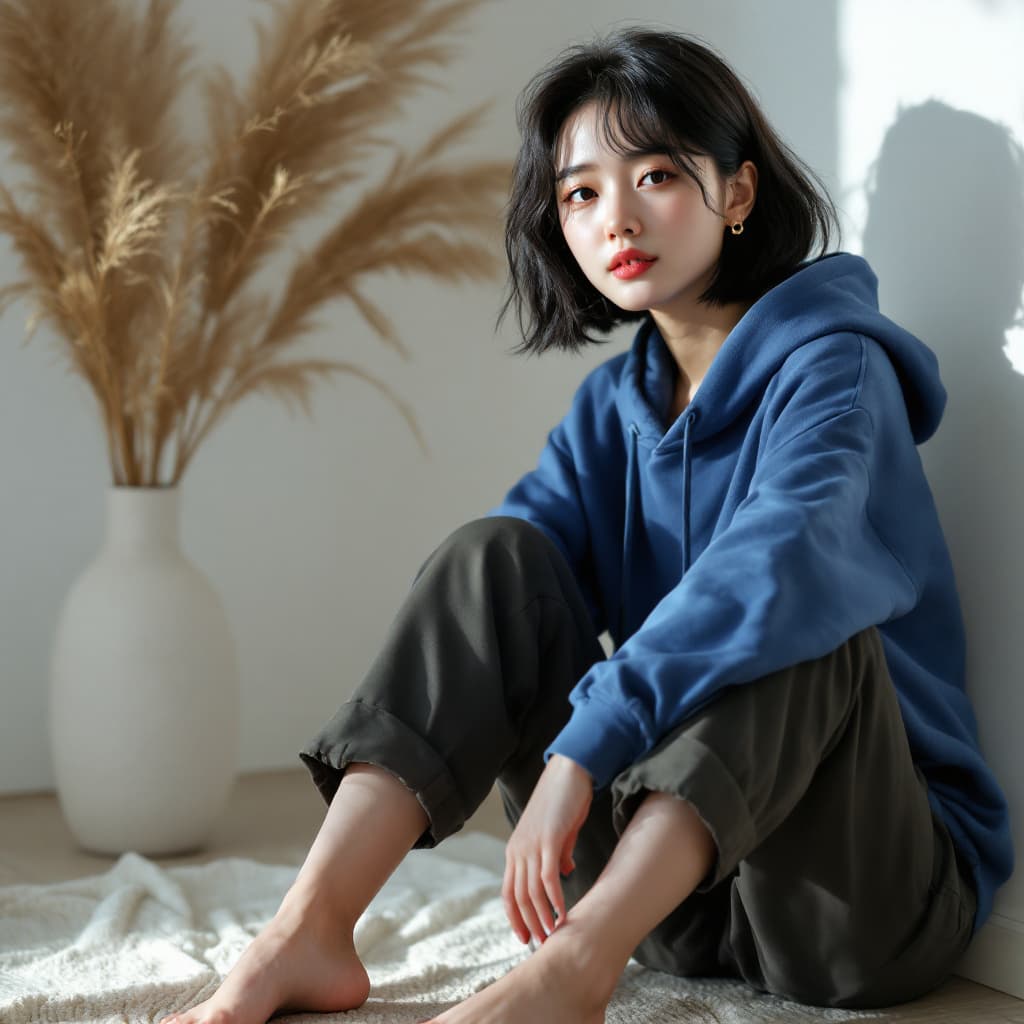 AI generated: photography, full-shooting, korean female model, natural face, light black bobbed hair style, gaze, ...