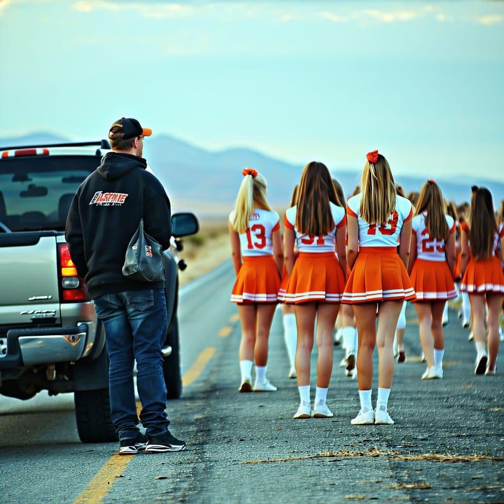 AI generated: The two of us broken down on the side of the road and a desolate area full of young cheerleaders on ...