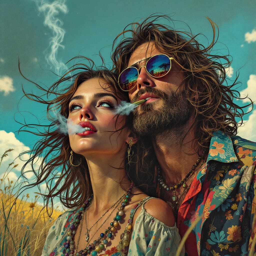 AI generated: A hippy girl and her hippy boyfriend from the 60's. Highly detailed. Their hair blowing in the wind....