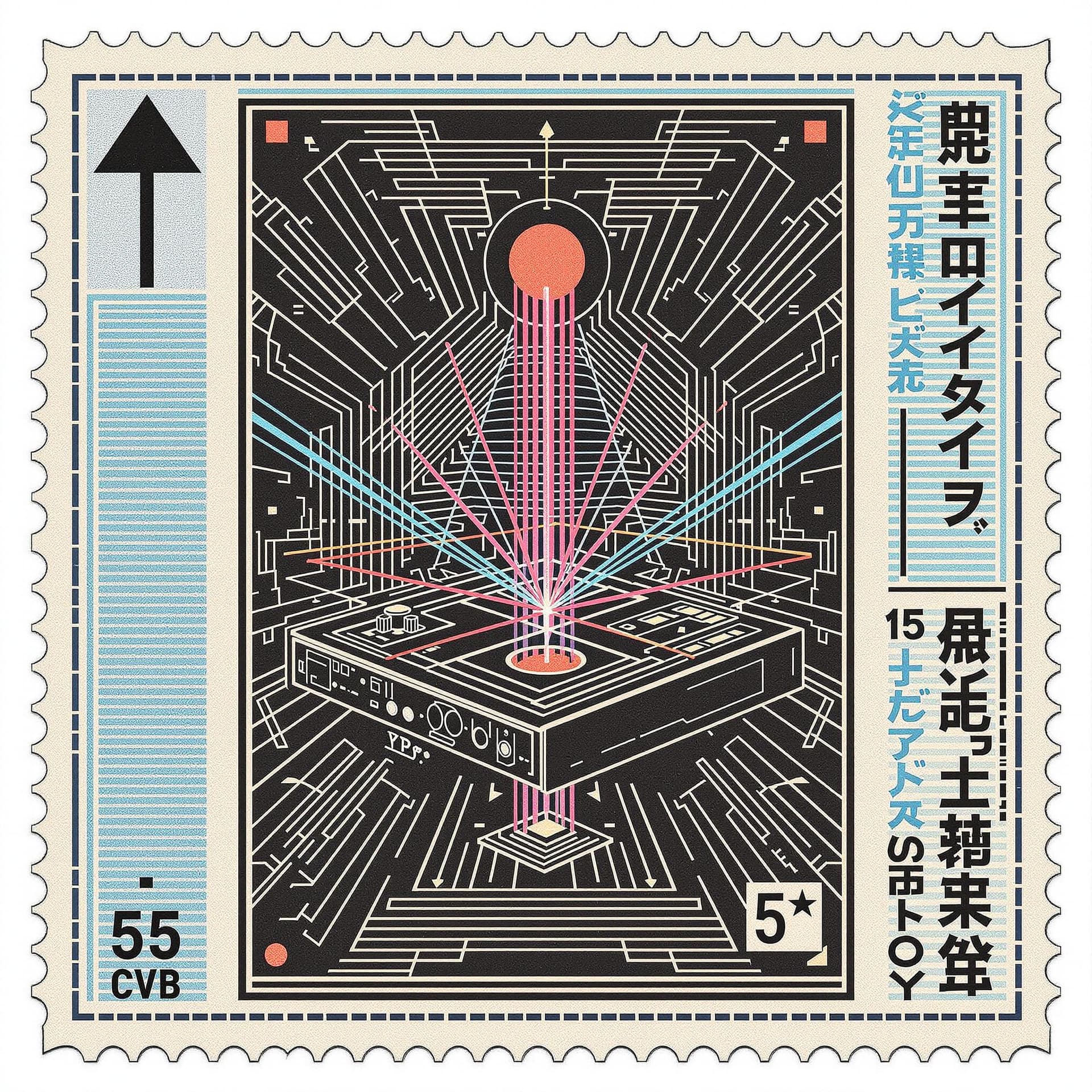 AI generated: stamp style, retro VCR player for mystical future laser solid state hard drive hardware, quantum com...