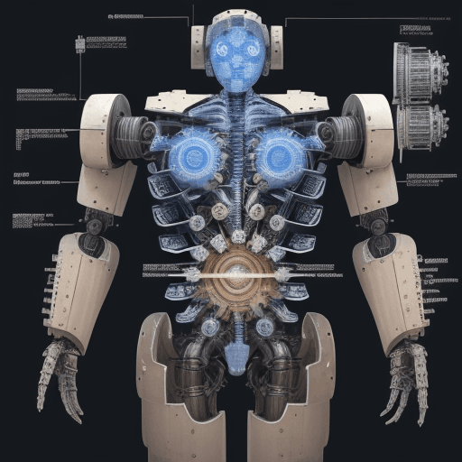AI generated: Robot with gears blueprint with sections exploded to see inner workings
