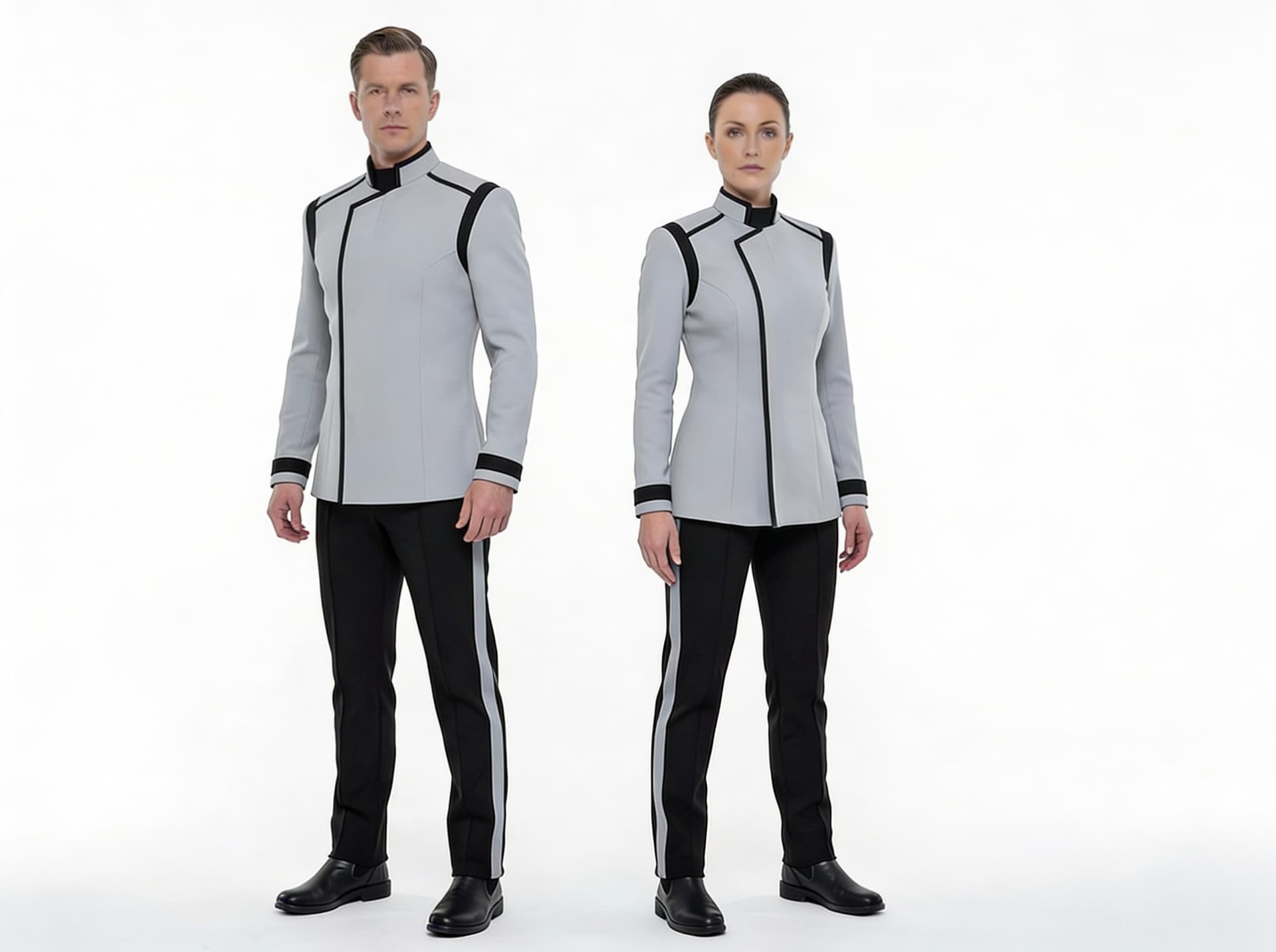 AI generated: Create a Sci-Fi uniform. Use the reference image and turn all red to Grey. The color of the uniform ...