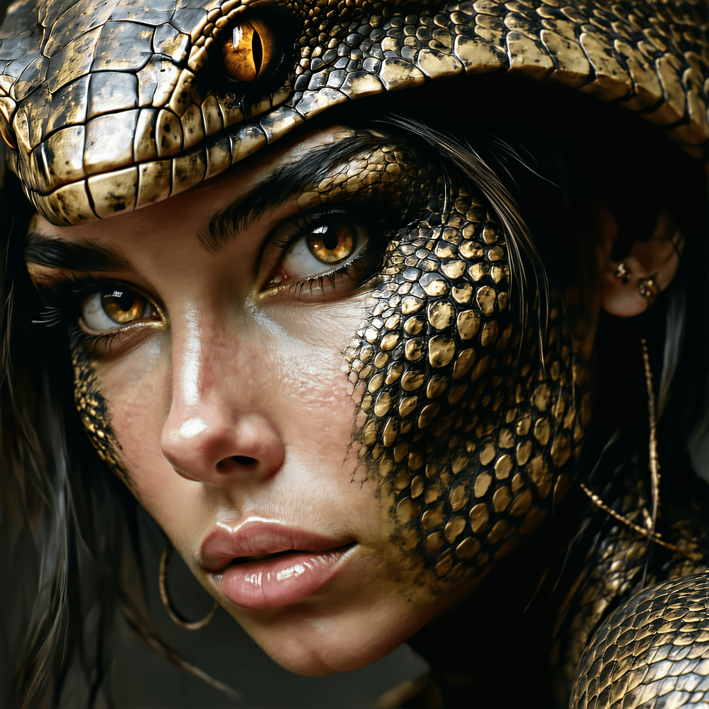 AI generated: A striking portrait of a woman with reptilian skin textures seamlessly blending into her natural fea...