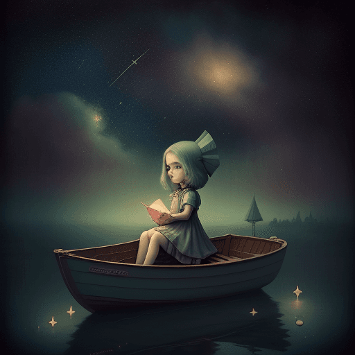 AI generated: girl sitting on the small boat floating in the sky surrounded by stars, moody sephia and muted tones...