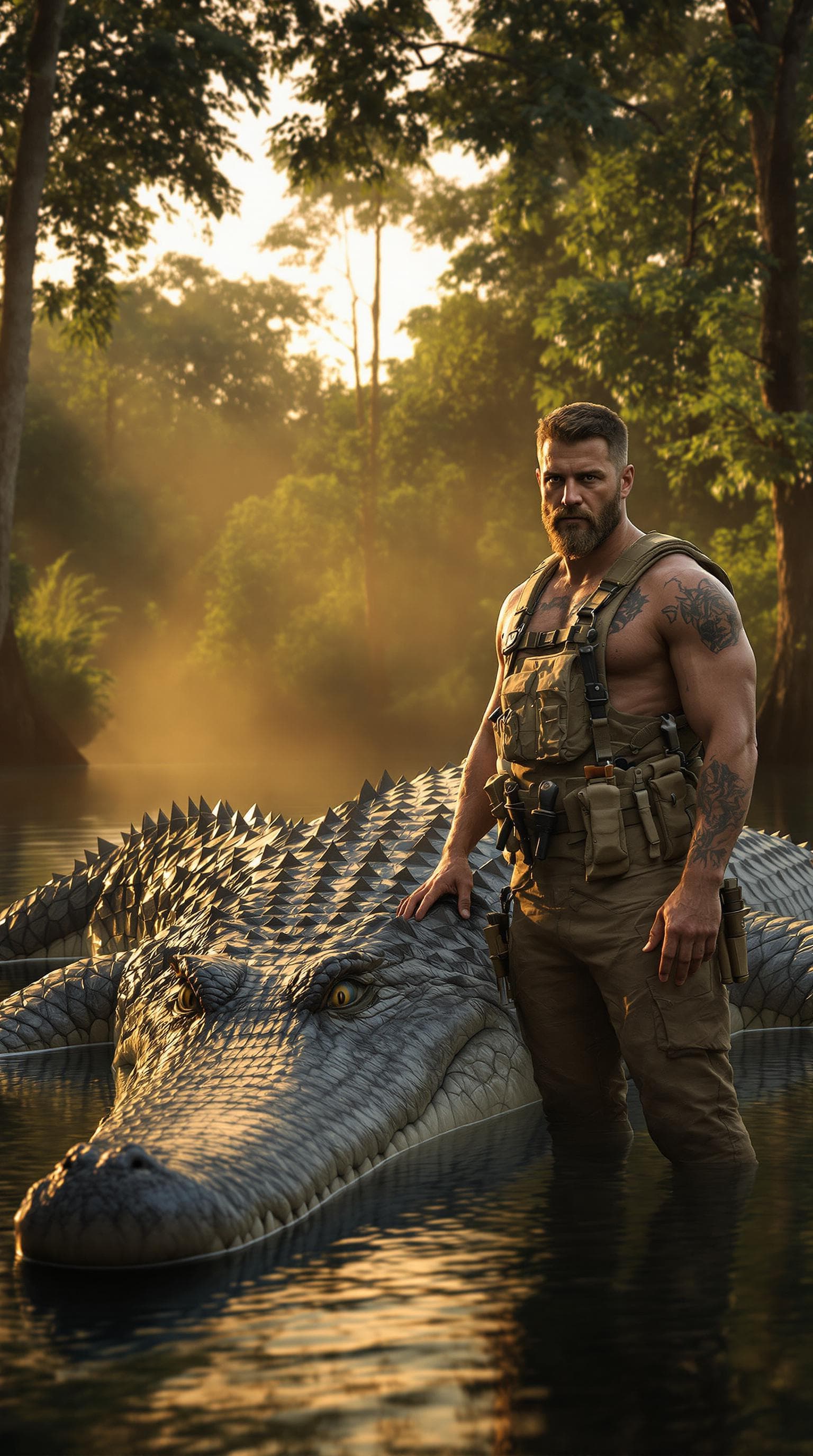 AI generated: A hyper-realistic scene of a rugged man standing confidently next to his giant pet crocodile. The cr...