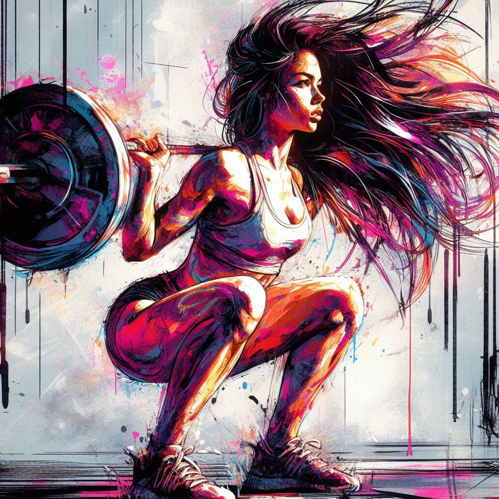 AI generated: aesthetic, painterly style, modern ink, beautiful girl training at the gym doing squats, intense, se...